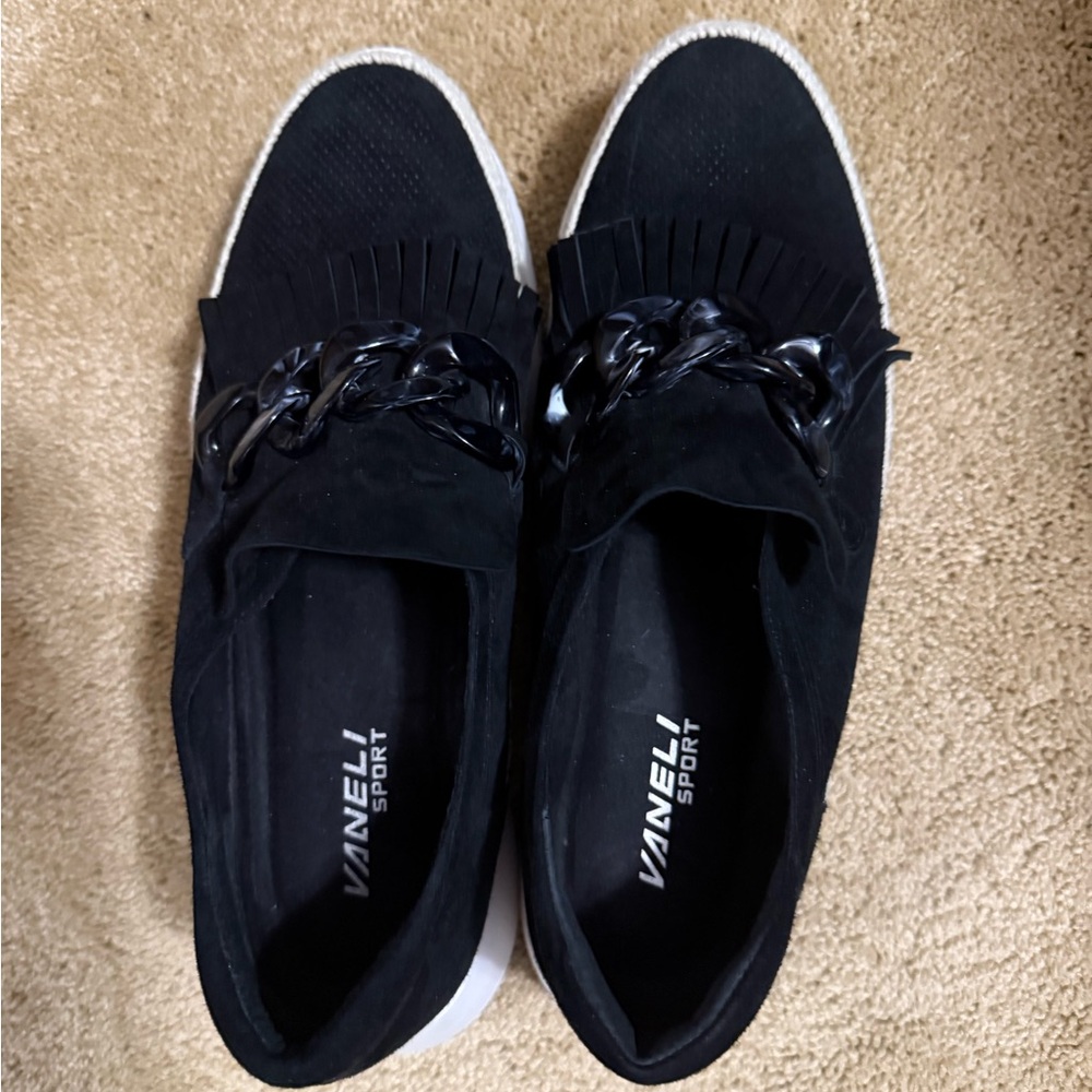 Vaneli Black Slip-On Flats with Chain & Fringe